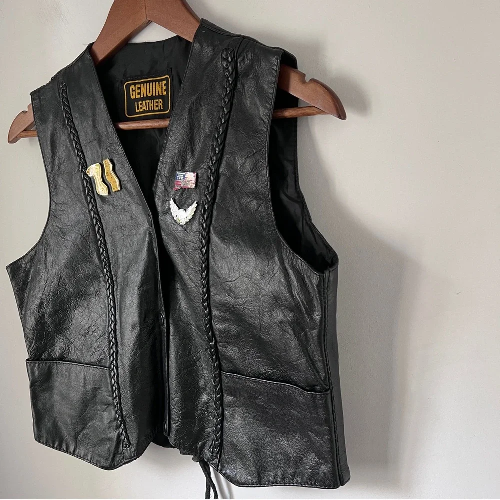 Biker Leather Vest Braid Pins Button Womens Size Medium